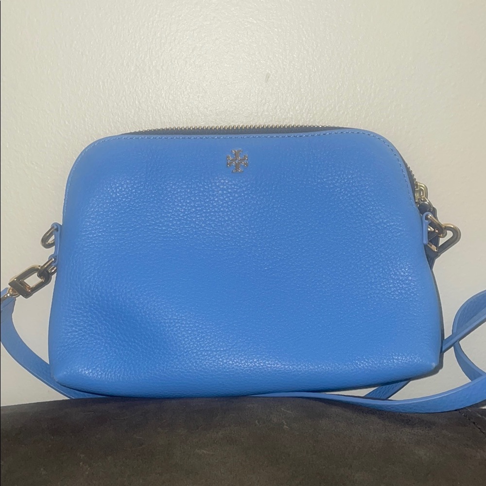 Tory Burch Blue Leather Crossbody Bag with Silver Hardware